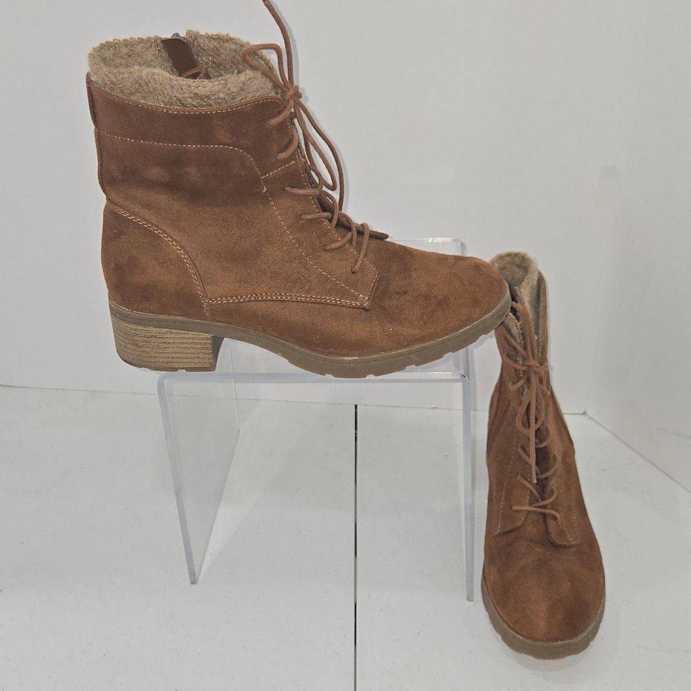 MOSSIMO Womens Brown Suede Lace Up Combat Boots Faux Fur Trim Side Zip Size 10